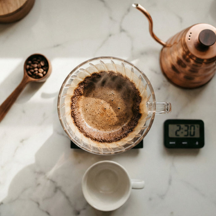 白いマーブルカウンターの上でドリップコーヒーを淹れる様子、V60ドリッパーと銅製ケトル